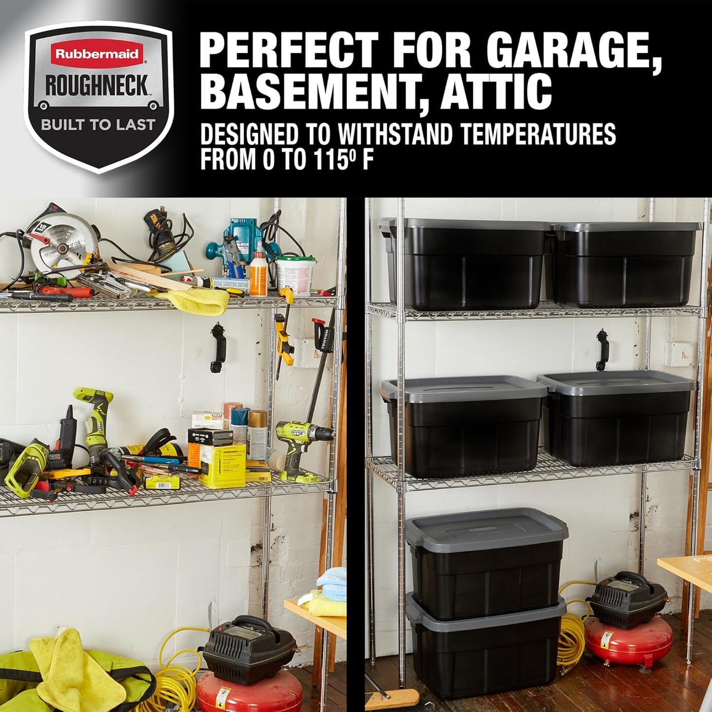 Rubbermaid 3-Pack Garage Storage Bins 18x12 Inch Heavy Duty Storage Bins, Large Capacity - USA Made Stackable Plastic Bins with Lids Black