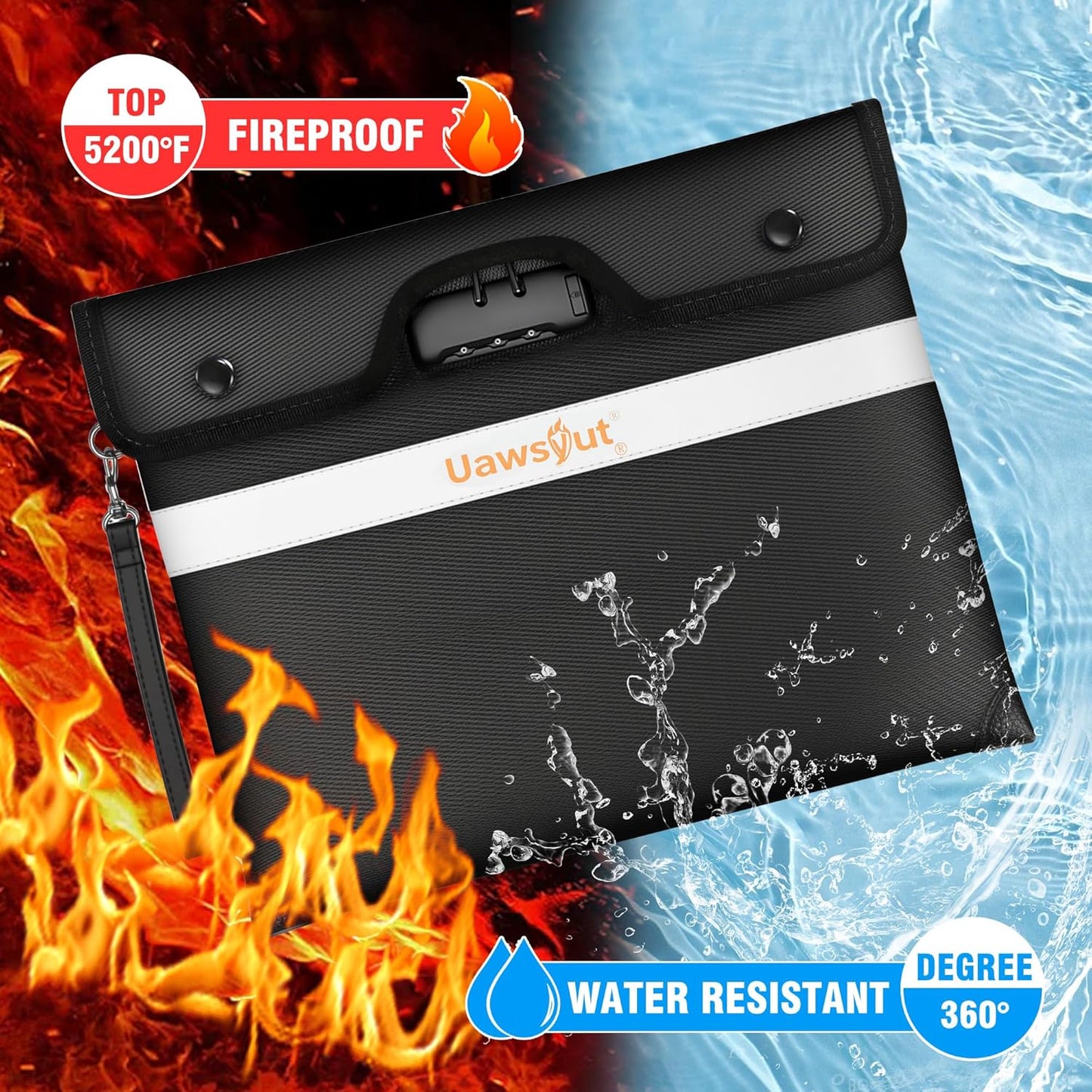 5200℉ Fireproof Document Bag with Lock, Portable Money Bag with Zipper Closure, Waterproof Envelope with Reflective Strip for A4 Letter, Tablet, Valuables, Cash and Passport(14.3"x11.2", Black)
