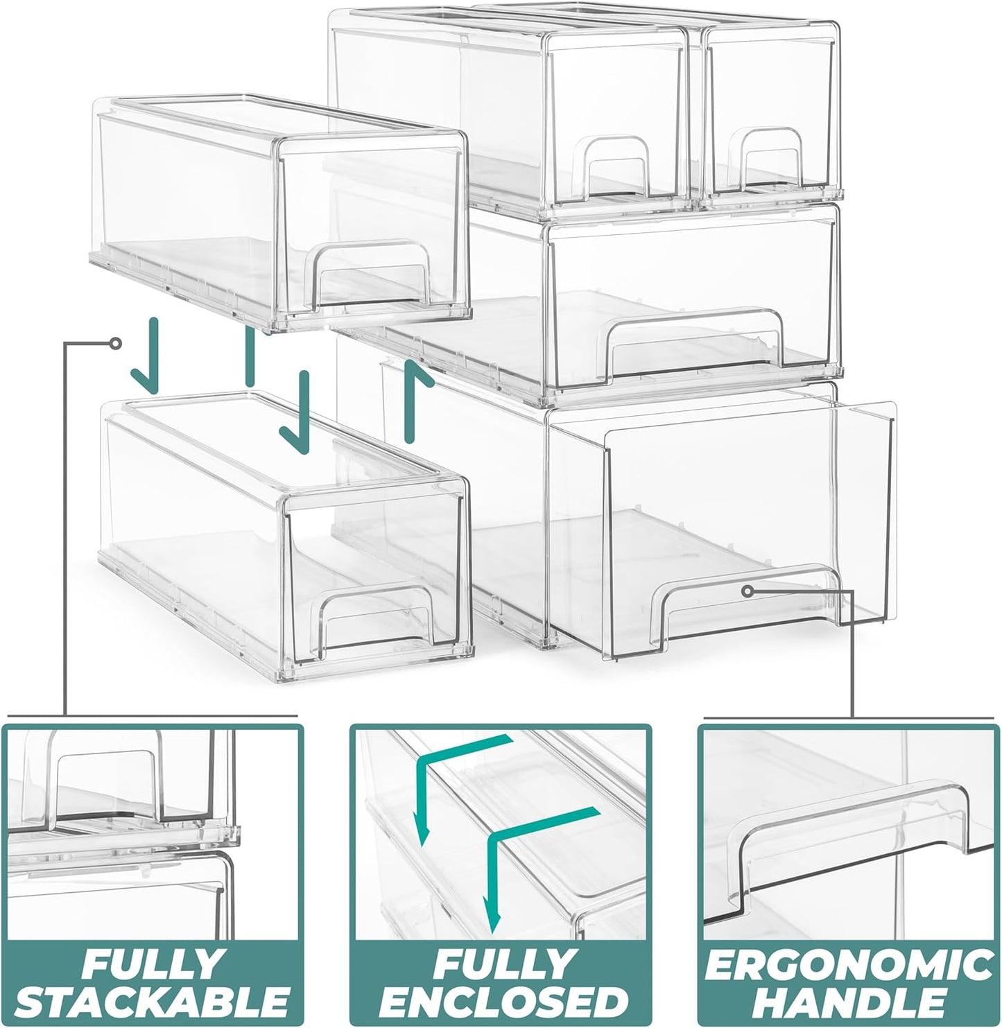 Sorbus Small Wide Clear Stackable Storage Drawers – 4-Pack Plastic Organizer Bins with Handles – Stackable Pull-Out Storage Drawers for Closet, Pantry, Office, Bathroom, Craft, and Toy Organization