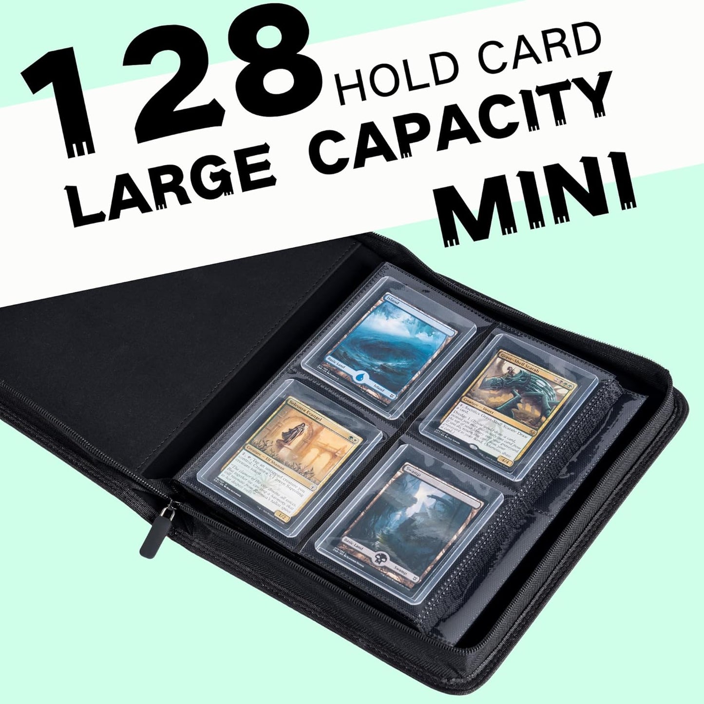 Toploader Binder, Holds 128+ Toploaders, 4 Pocket Top Loader Card Storage Case, Double-Sided Pockets for trading card in 3 x 4'' Toploaders (Light Green)