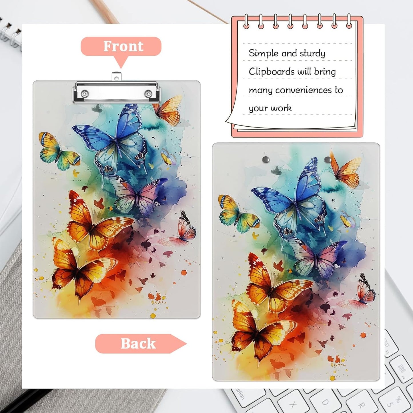 Colourful Butterfly Plastic Clipboards,Cute Fashion Clipboard Decorative 8.5" x 12.5"Standard A4 Size Clipboards,Acrylic Clipboard for Teacher,Social Worker,Students,Nurse,Office Supplies