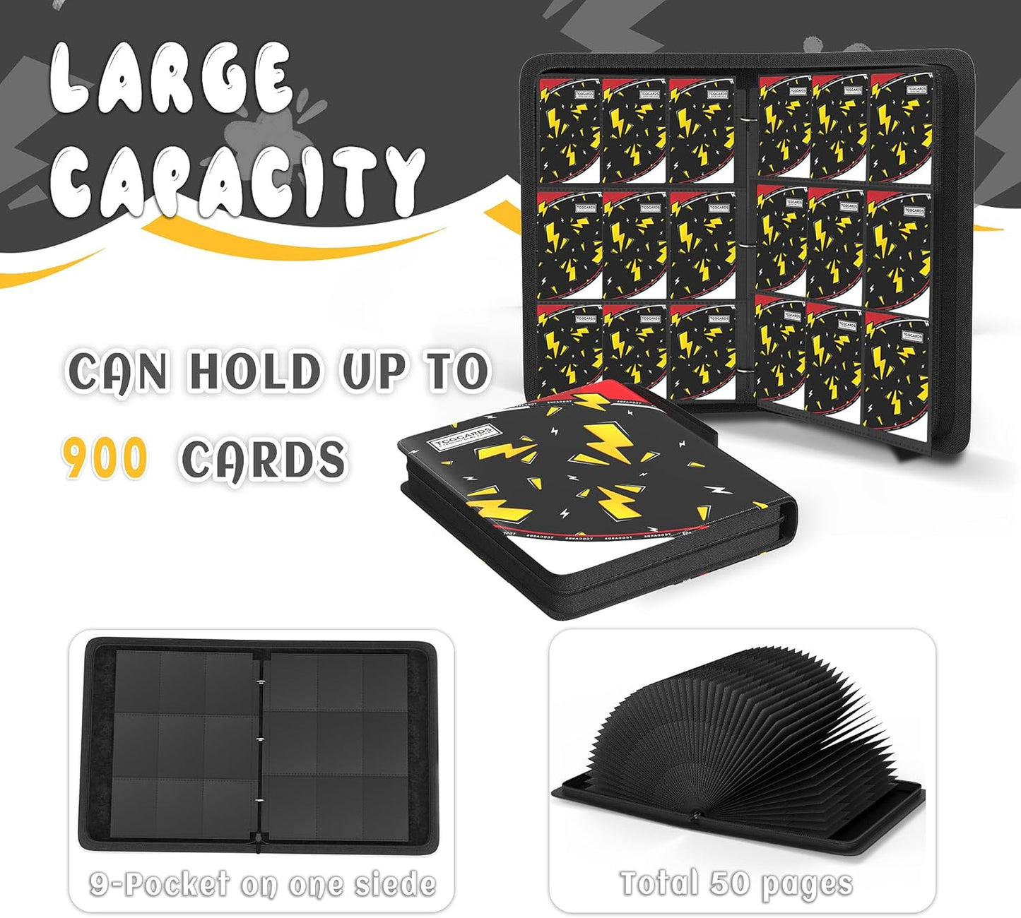 Trading Card Binder 9 Pocket，Card Binder 900 Pockets Card Book Holder Cards with 50 Removable Sleeves，3-Ring Zip Design MTG/TCG/Sport Collectible Trading Card Albums Gifts for Boys and Girls (Black)