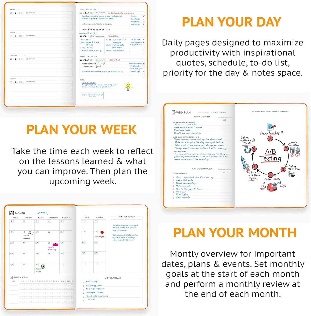 Undated Daily Planner – 1-Year B5 Productivity Organizer with Two-Page Weekly Spread, Goal Setting, Habit Tracker, Weekly & Monthly Pages – Hardcover Time Management Notebook (Orange)