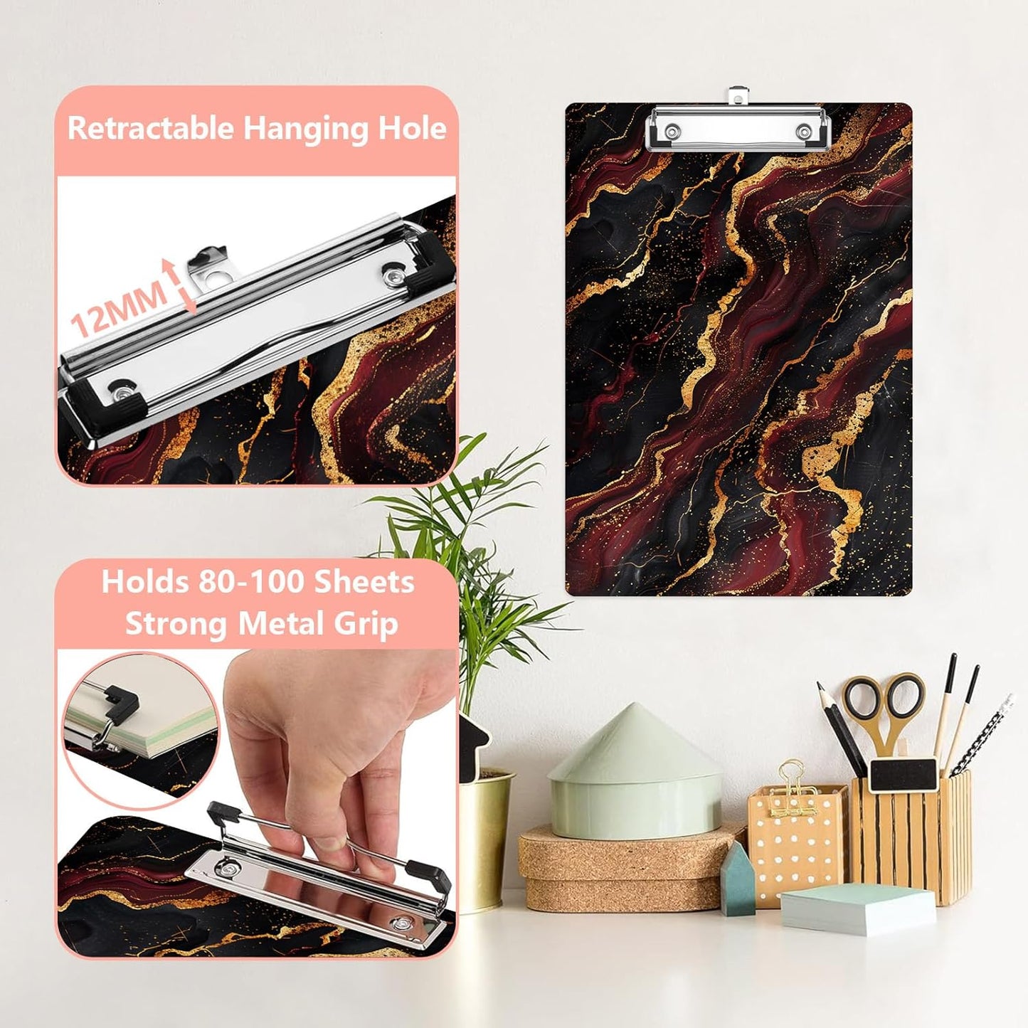 Red Marble Plastic Clipboards,Cute Fashion Clipboard Decorative 8.5" x 12.5"Standard A4 Size Clipboards,Acrylic Clipboard for Teacher,Social Worker,Students,Nurse,Office Supplies