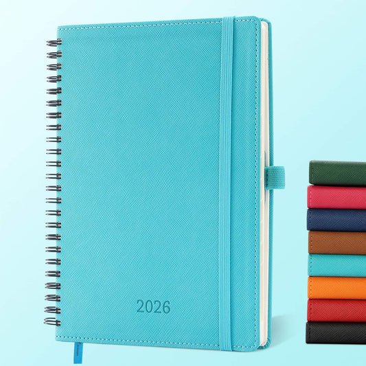 Planner 2026 Daily Weekly and Monthly,8.5"x6.5",12 Months Spiral Bound Calendar Agenda with Self-adhesive Pen Holder,2026 Appointment Book with Vegan Leather Soft Cover,Light Blue