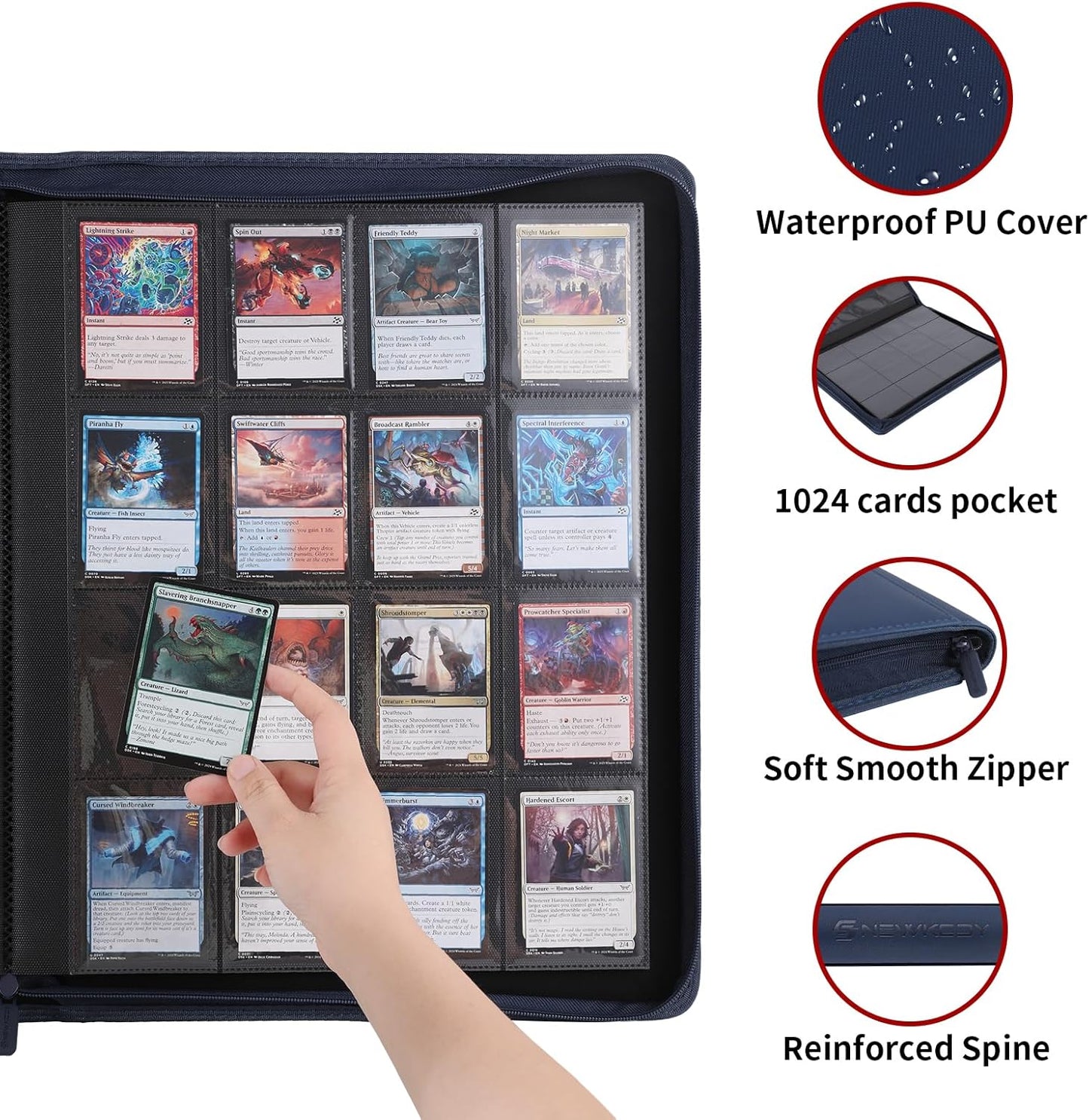 Snekdy premium 1024-pocket trading card binder, 16-pocket cards album, waterproof PU-leather Cover album with side loading, holds gaming, baseball, basketball & sports cards (Blue)
