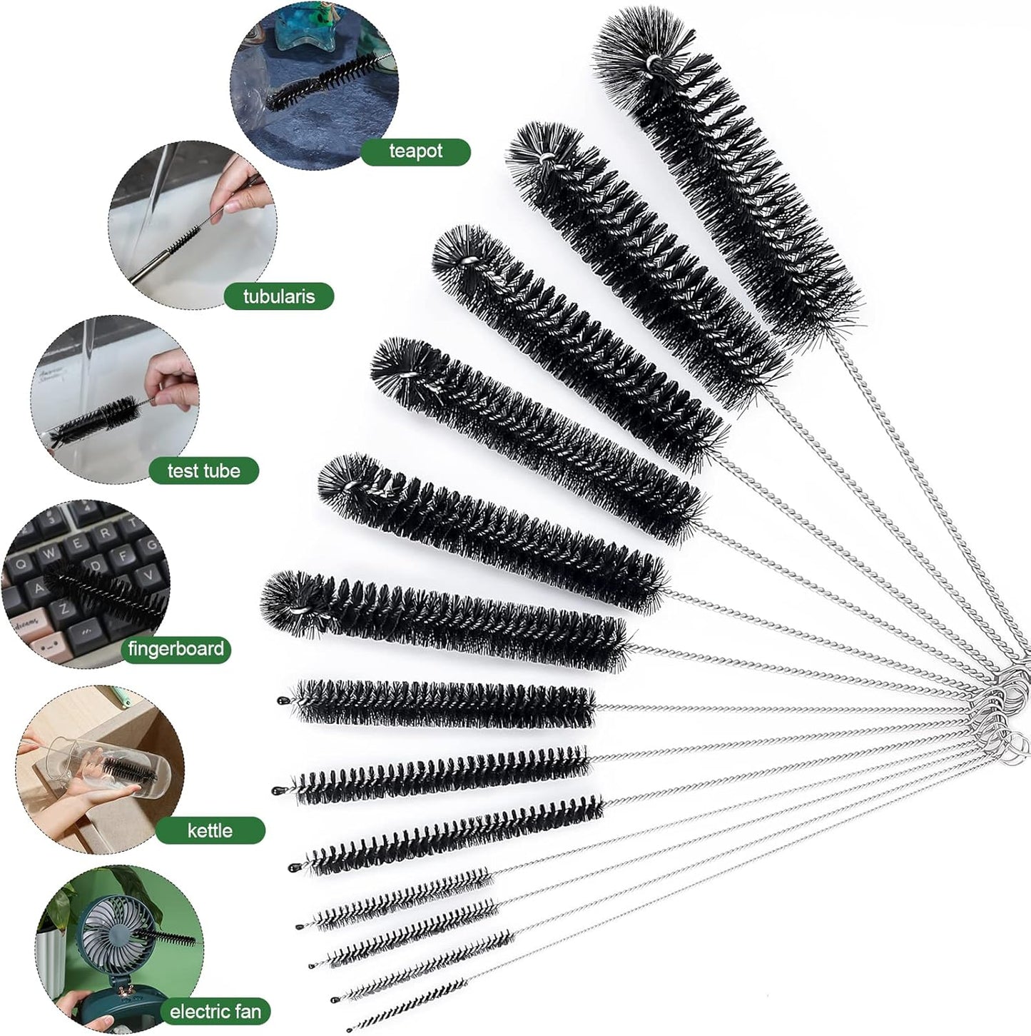 CiaraQ Bottle Cleaning Brushes, 8 Inch Nylon Tube Brush Set, Cleaner for Narrow Neck Bottles Cups with Hook, Set of 13pcs. Black
