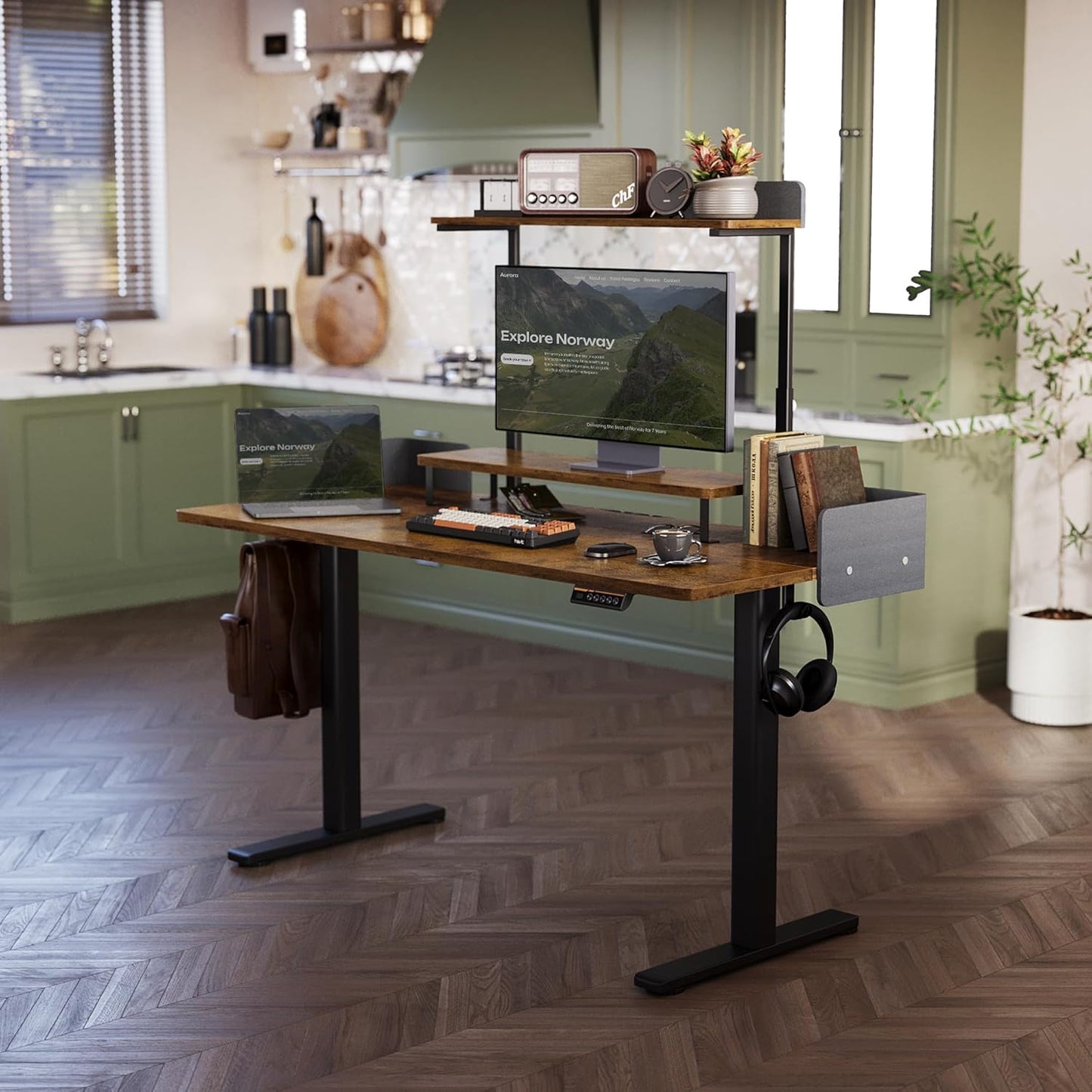 Claiks Electric Standing Desk, 48 x 24 Inches Height Adjustable Desk with Removable Shelves, Stand Up Desks Computer Workstation, Rustic Brown