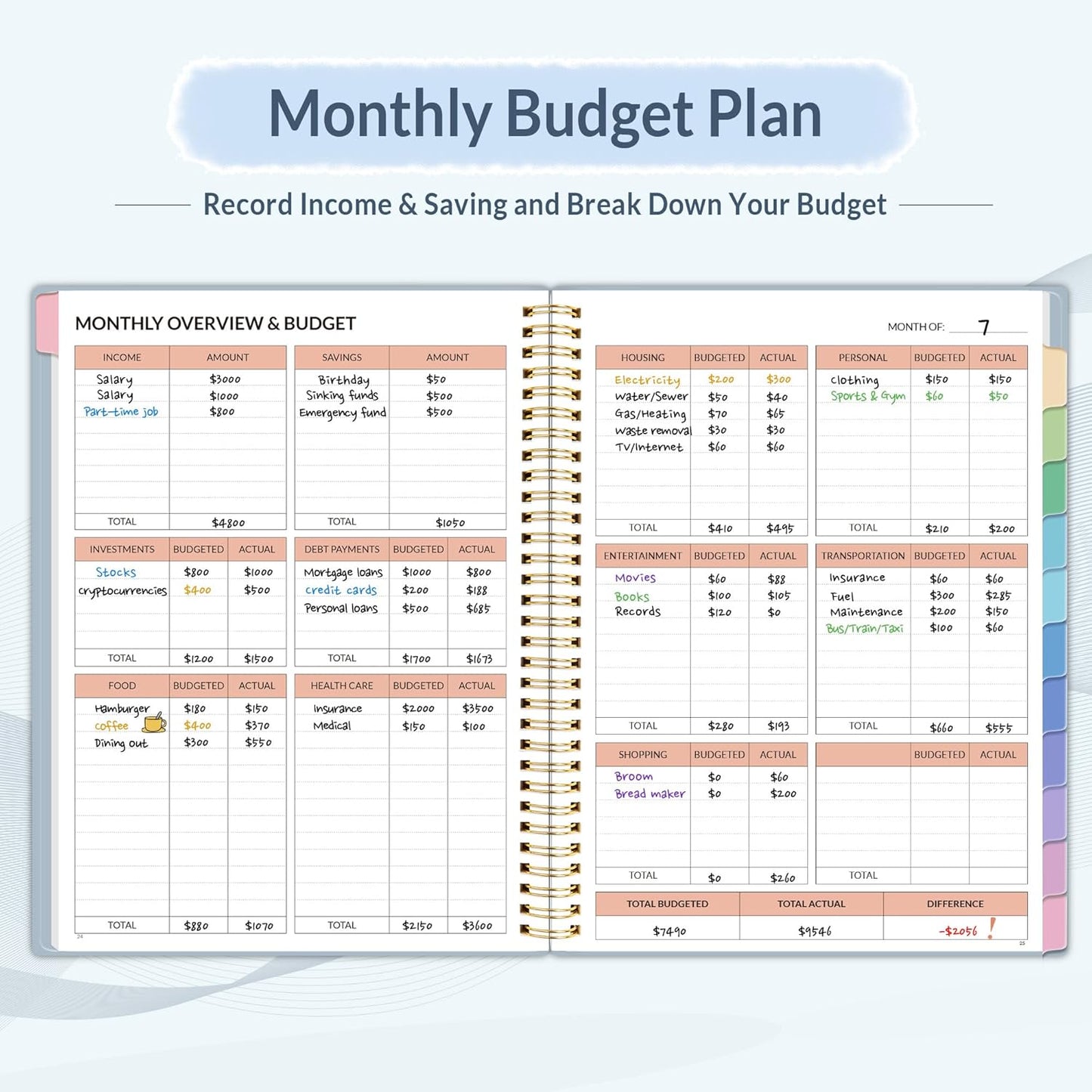 SUNEE Budget Planner - Monthly Budget Book with Expense Tracker Notebook, Undated 12 Month Bill Organizer & Finance Planner to Manage Your Money, A5 (6.4" x 8.3") Account Book with Colorful Tab, Blue