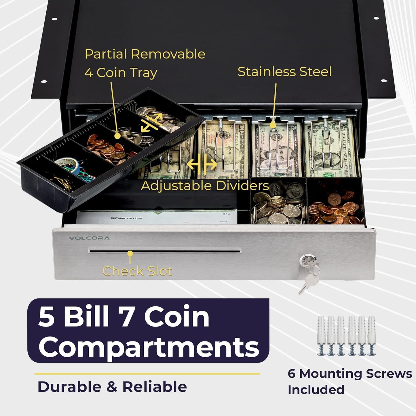 Volcora Cash Register Drawer with Under Counter Mounting Metal Bracket - 16 Black - Stainless Steel Front for POS, 5 Bill 6 Coin Removable Compartment, 24V RJ11/RJ12 Key-Lock, Media Slot