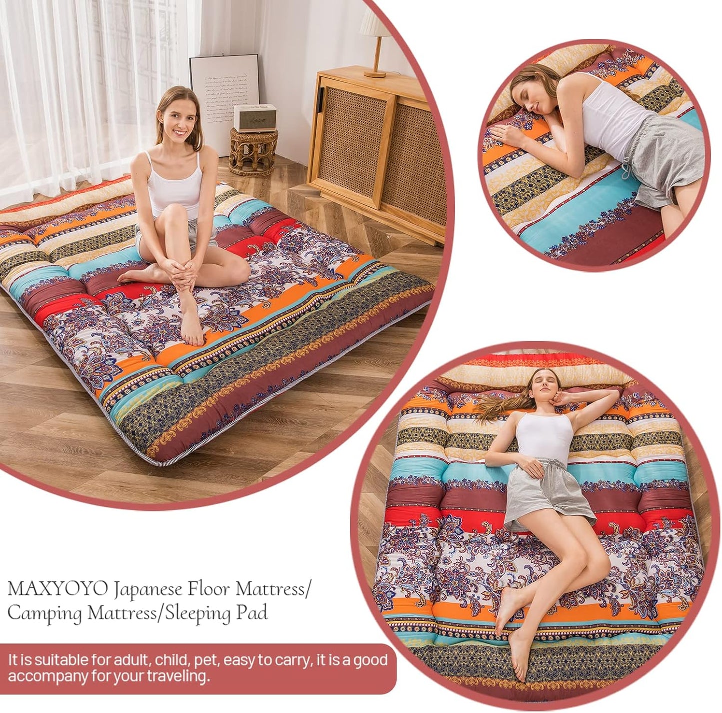 Bohemian Retro Floor Mattress Vintage Floral Japanese Futon Mattress Roll Up Thicken Sleeping Bed Portable Camping Mattress Floor Lounger Couch Bed Pad, Twin Size