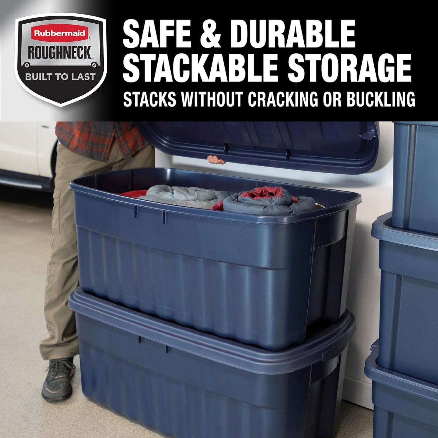 Rubbermaid Roughneck Tote 50 Gal, 2 Pack, Made in USA, Dark Indigo Metallic, Rugged Plastic Stackable Storage Bins with Lids and Handles