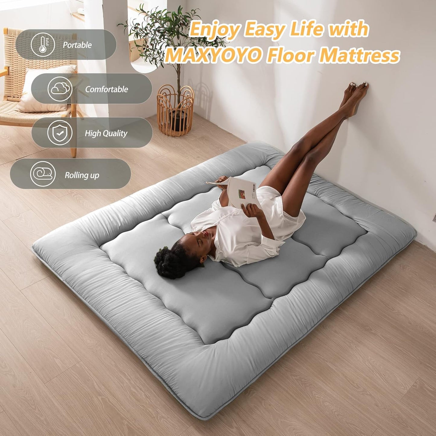 MAXYOYO Japanese Floor Mattress Futon Mattress, Thicken Tatami Mat Sleeping Pad Foldable Roll Up Mattress Boys Girls Dormitory Mattress Pad Kids Floor Lounger Bed Couches and Sofas, Grey, King