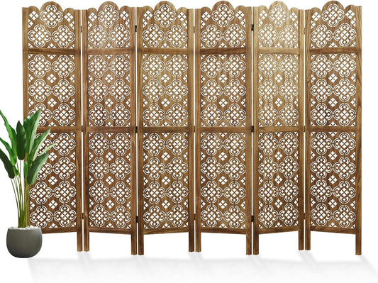 68.9Inch Folding Room Divider, 6 Panels Wood Carved Privacy Screens, Free Assembled Privacy Screen Decorative Partition for Home Office Restaurant (Dark Brown)