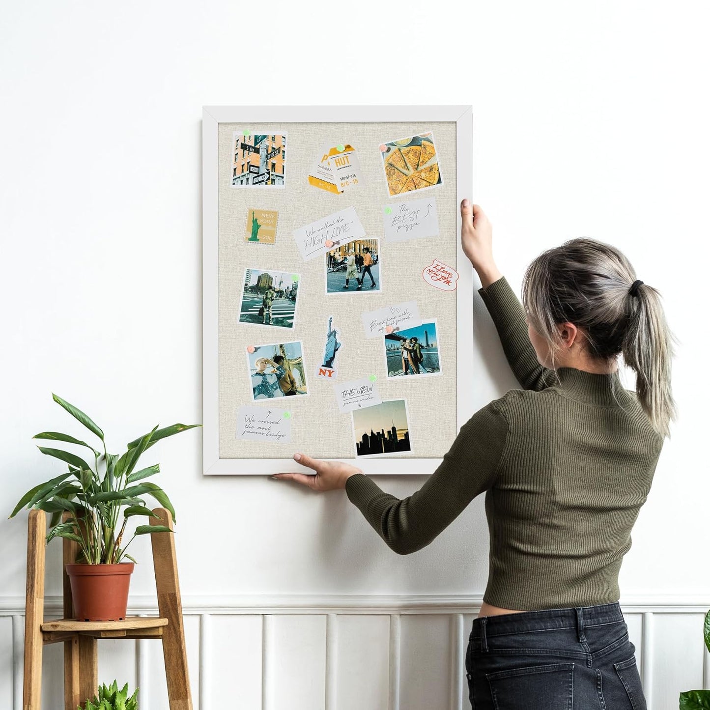 Board2by White Cork Board Bulletin Board with Linen, Wood Framed 24" x 18" Corkboard, Office Board for Wall Decor, Wall Mounted Pin Board Picture Board with 20 Pushpins for School, Home & Office