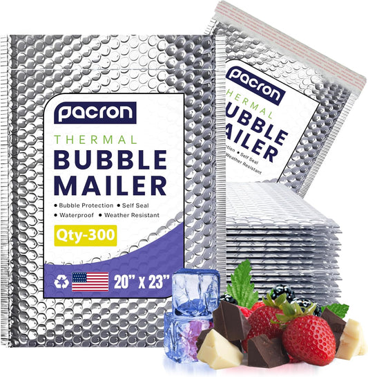 300-Pack Insulated Silver Thermal Bubble Mailers 20 x 23 - Waterproof Metallic Foil Self-Sealing Padded Envelopes for Cold Shipping, Perishables, Food, Cosmetics, Pharmaceuticals