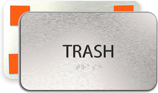 ADASigns Trash Sign 7”x4” - Durable Brushed Aluminum with Grade 2 Braille - Easy Installation with Strong Adhesive Tape - ADA Compliant Signs for businesses, Restaurants & Retail Stores