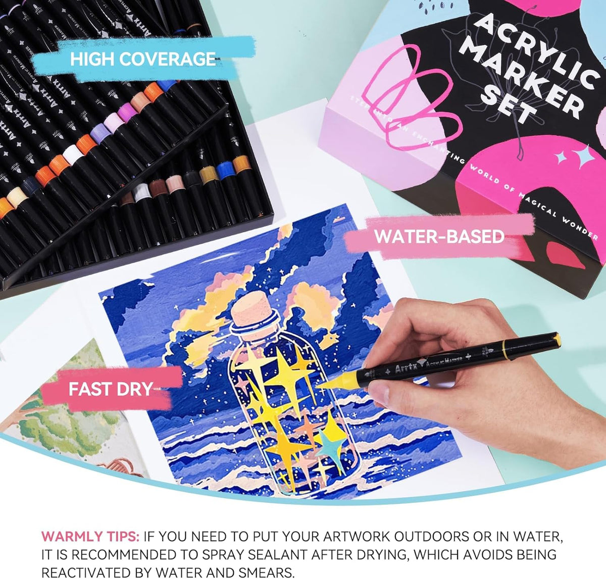 Arrtx 64 Colors Acrylic Marker for Rock Painting, Dual-Tip Paint Markers, Art Supplies, Fabric Paint, Fabric Markers, Paint Pen, Art Markers, Waterproof Paint DIY Crafts Making