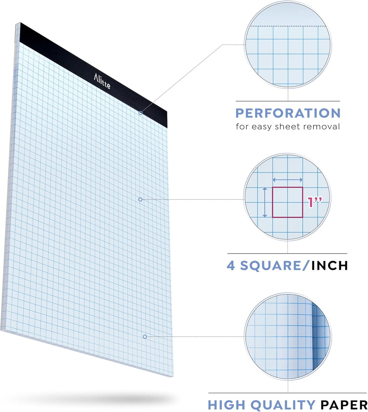 Graph Paper Pad, Pack of 3, White Letter Size - 4x4 Quad Grid Paper, With Blue Lines - Easy-Tear Perforations, 11x8.5 Cardboard Backing - Graph Notepads for School, Office -50 Sheets per Pad