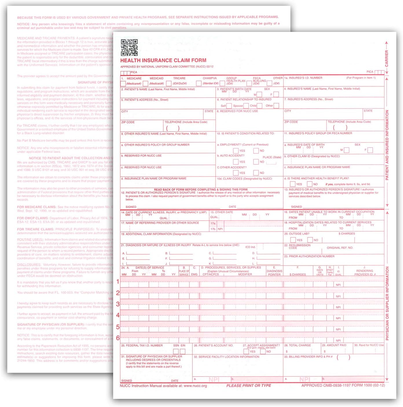 NextDayLabels - CMS 1500 / HCFA 1500 Insurance Claim Forms - Laser/Ink-Jet Compatible (New Version 02/12) Letter Size 8-12" x 11", 100 Sheets Per Pack