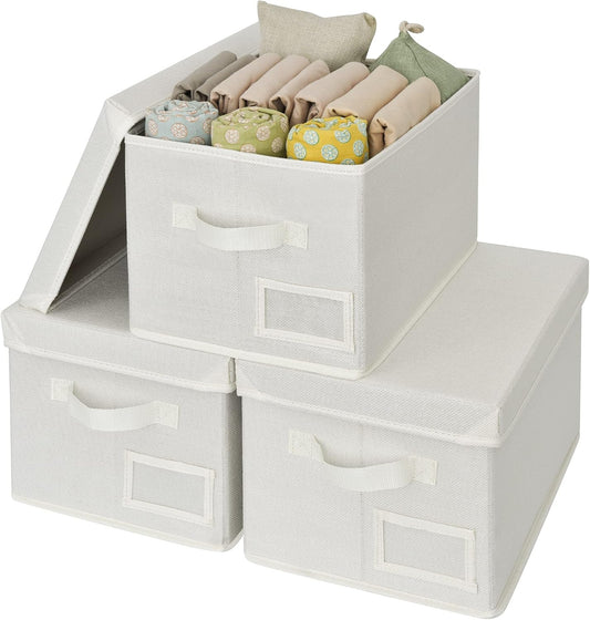 GRANNY SAYS Fabric Storage Bins with Lids, Storage Basket for Clothes, Decorative Storage Boxes, Closet Storage and Organizers, Ivory, 3-Pack