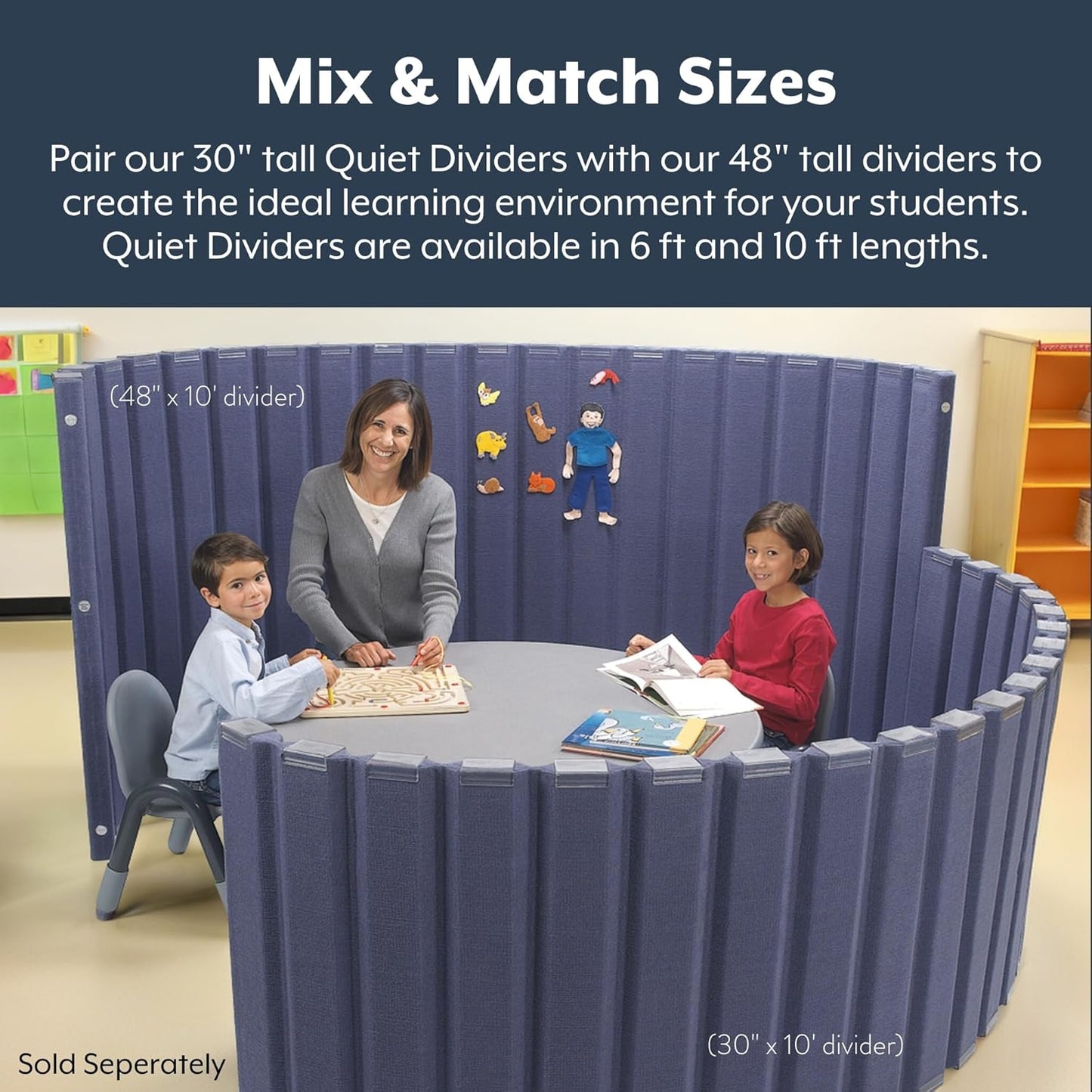 Children’s Factory 30" x 10' Quiet Divider with Sound Dampening Panels, Freestanding Room Divider Wall, Slate Blue
