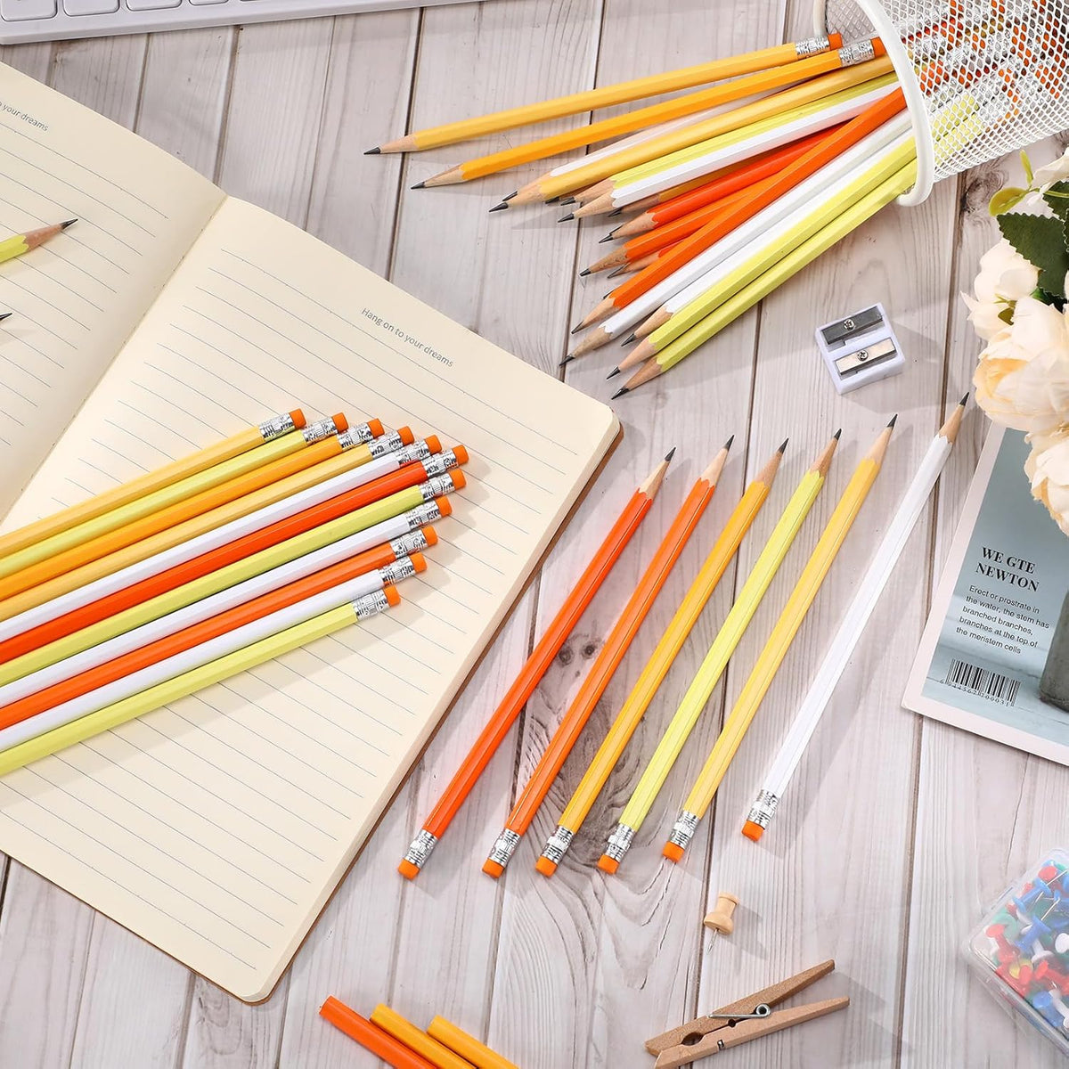 TecUnite 60 Pcs HB Pencils #2 Unsharpened Wood Cased Pencils with Eraser Hexagonal Pencil Cute Graphite No 2 Pen for Adults Gifts Exam School Office Sketching Learning(Orange, Sliver)