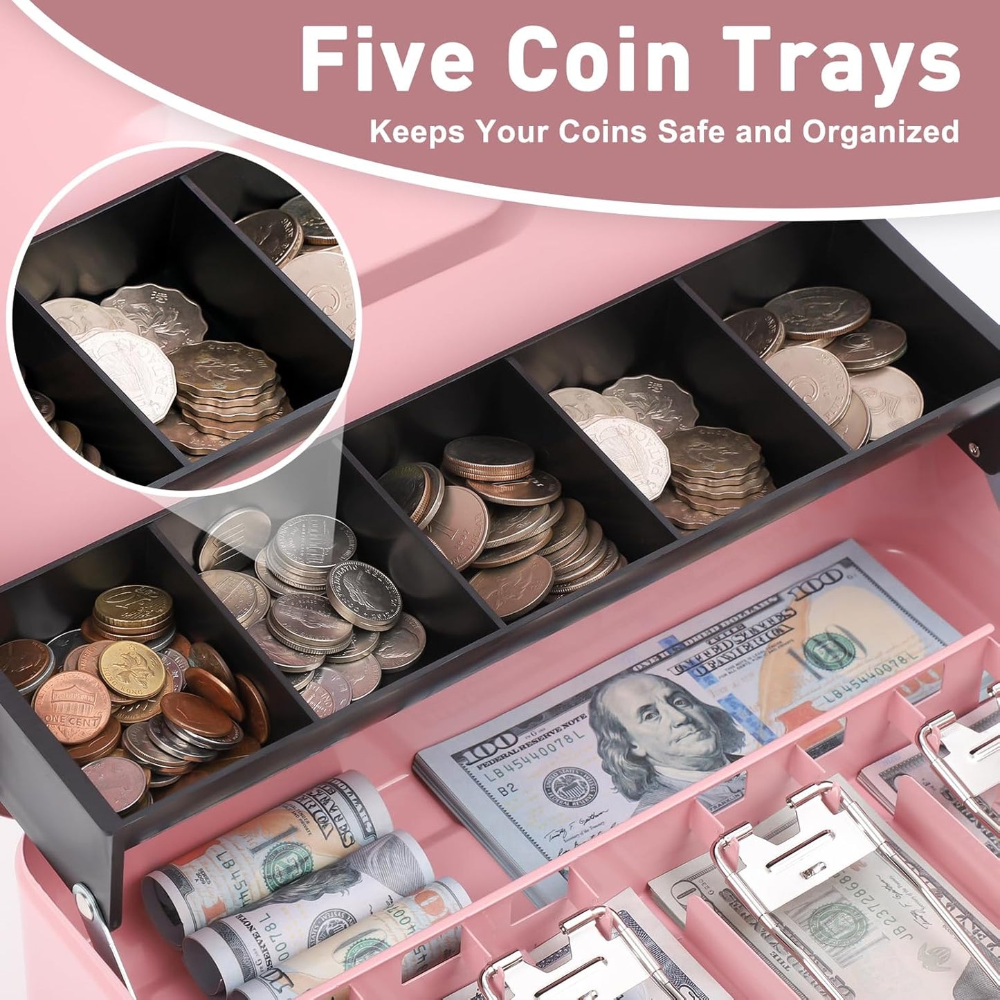 KYODOLED Locking Cash Box with Lock,Money Box with Cash Tray,Lock Safe Box with Key,Money Saving Organizer,11.81Lx 9.45Wx 3.54H Inches,Pink XL Large