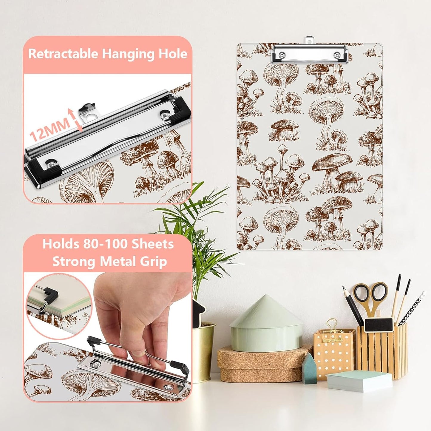 Vintage Mushroom Plastic Clipboards,Cute Fashion Clipboard Decorative 8.5" x 12.5"Standard A4 Size Clipboards,Acrylic Clipboard for Teacher,Social Worker,Students,Nurse,Office Supplies