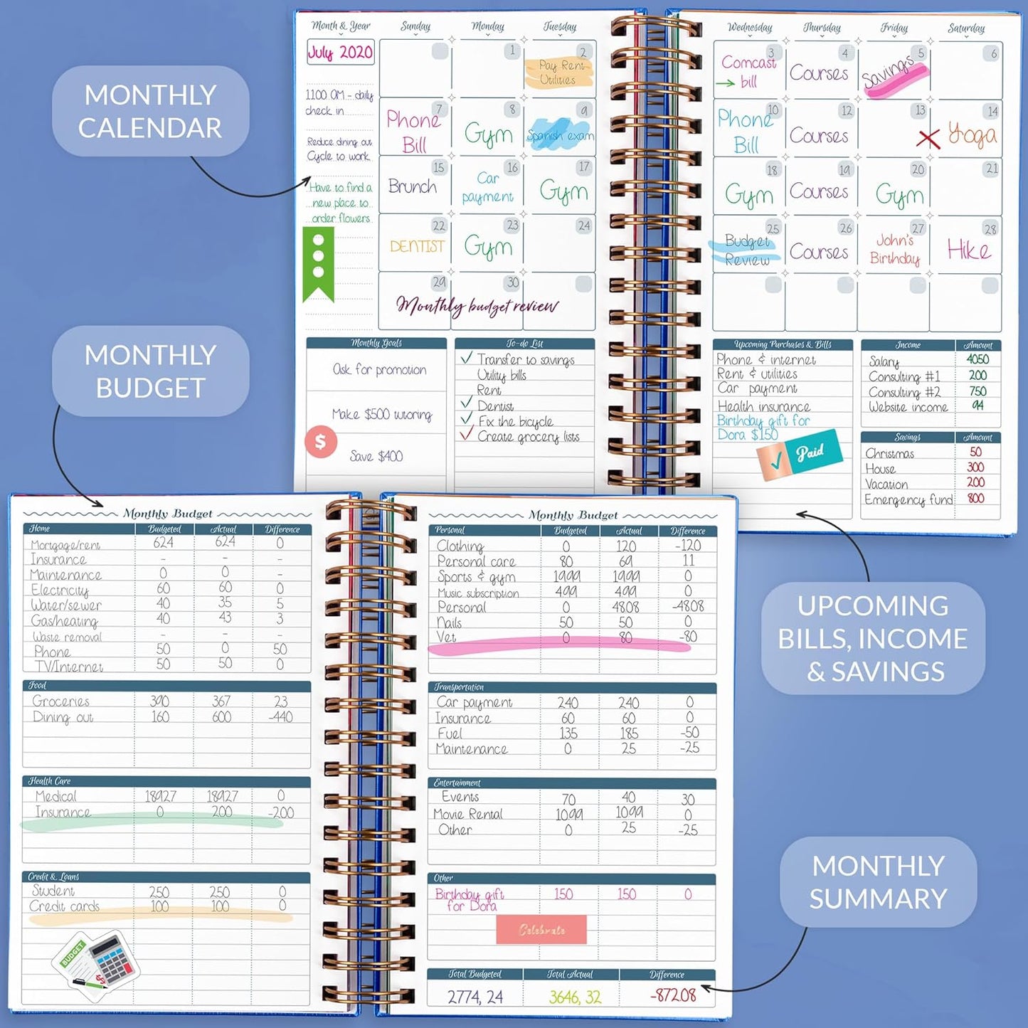 GoGirl Budget Planner & Monthly Bill Organizer – Monthly Financial Book with Pockets. Expense Tracker Notebook Journal, Compact (Blue)