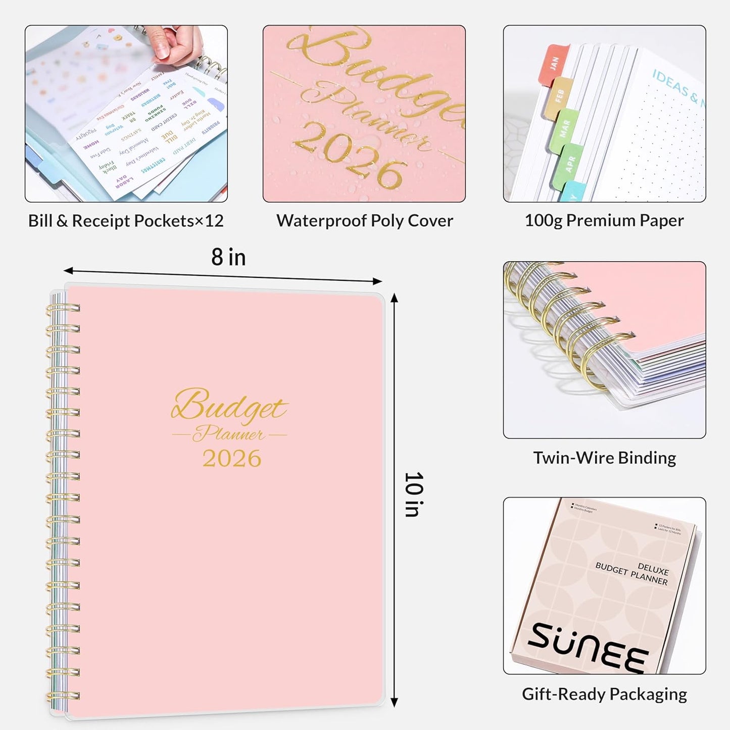 SUNEE 2026 Budget Planner - Deluxe Monthly Budget Book from JAN 2026 - DEC 2026, Bill Organizer with 12-Pockets, Expense Tracker Notebook B5 Size (8" x 10"), Finance Planner Account Book, Pink