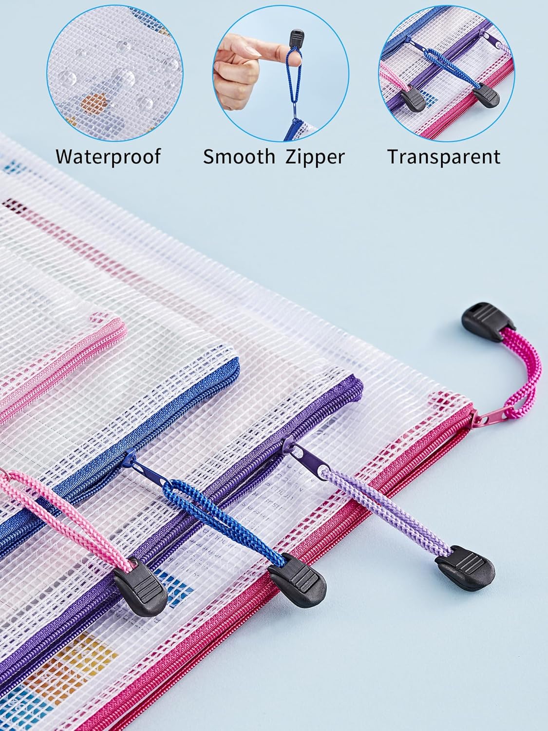 JARLINK 24 Pack 8 Sizes Mesh Pouch, 9 Colors, Waterproof Zipper File Bags Document Multipurpose Travel Bags for Office, School, Board Game, Puzzles, Cosmetics, Travel Accessories, and Home Organize