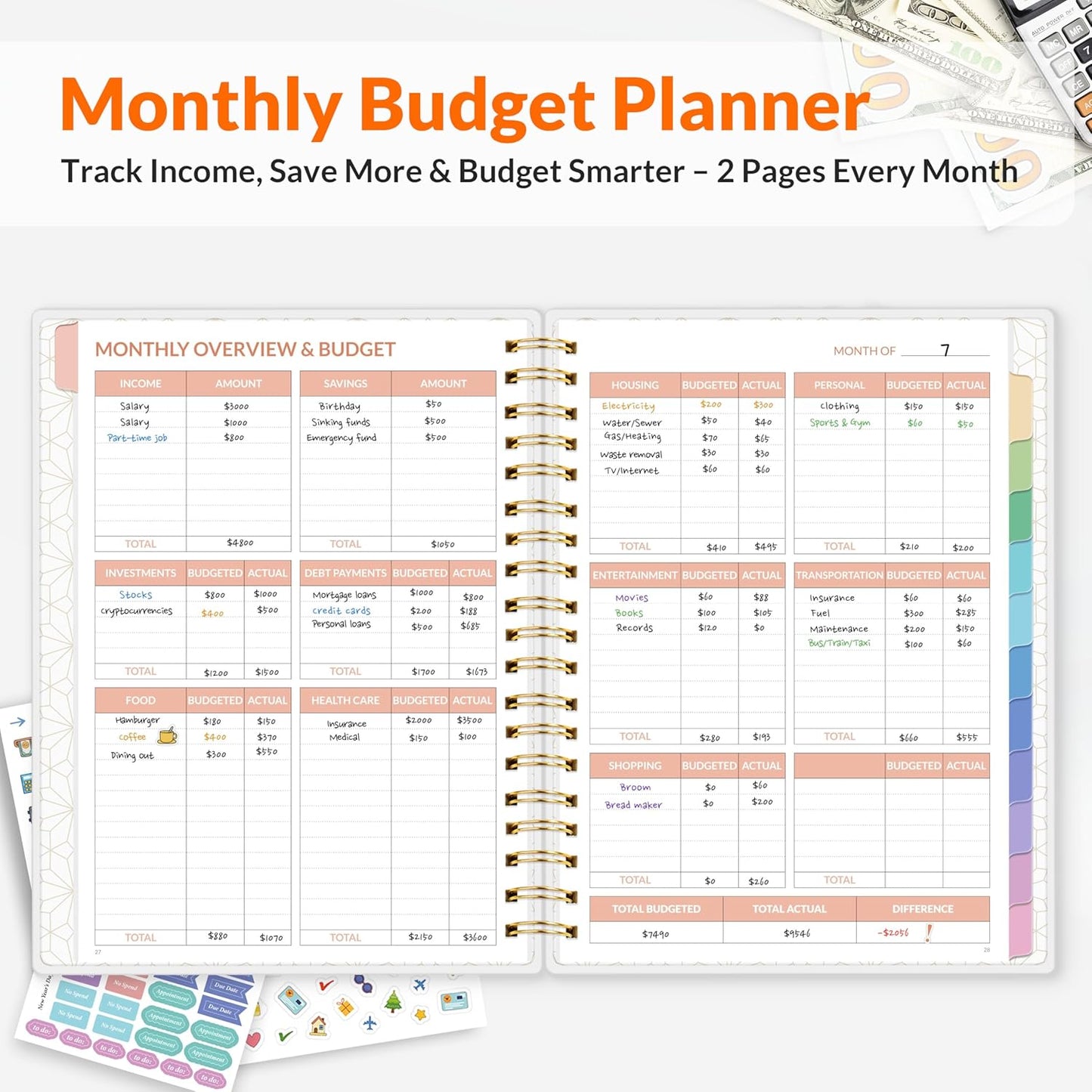 SUNEE Budget Planner - Deluxe Monthly Budget Book with 12-Pockets for Bill Organizer, Undated 12 Month Expense Tracker Notebook & Account Book B5 Size (8" x 10") to Manage Your Finance Planner, Pink