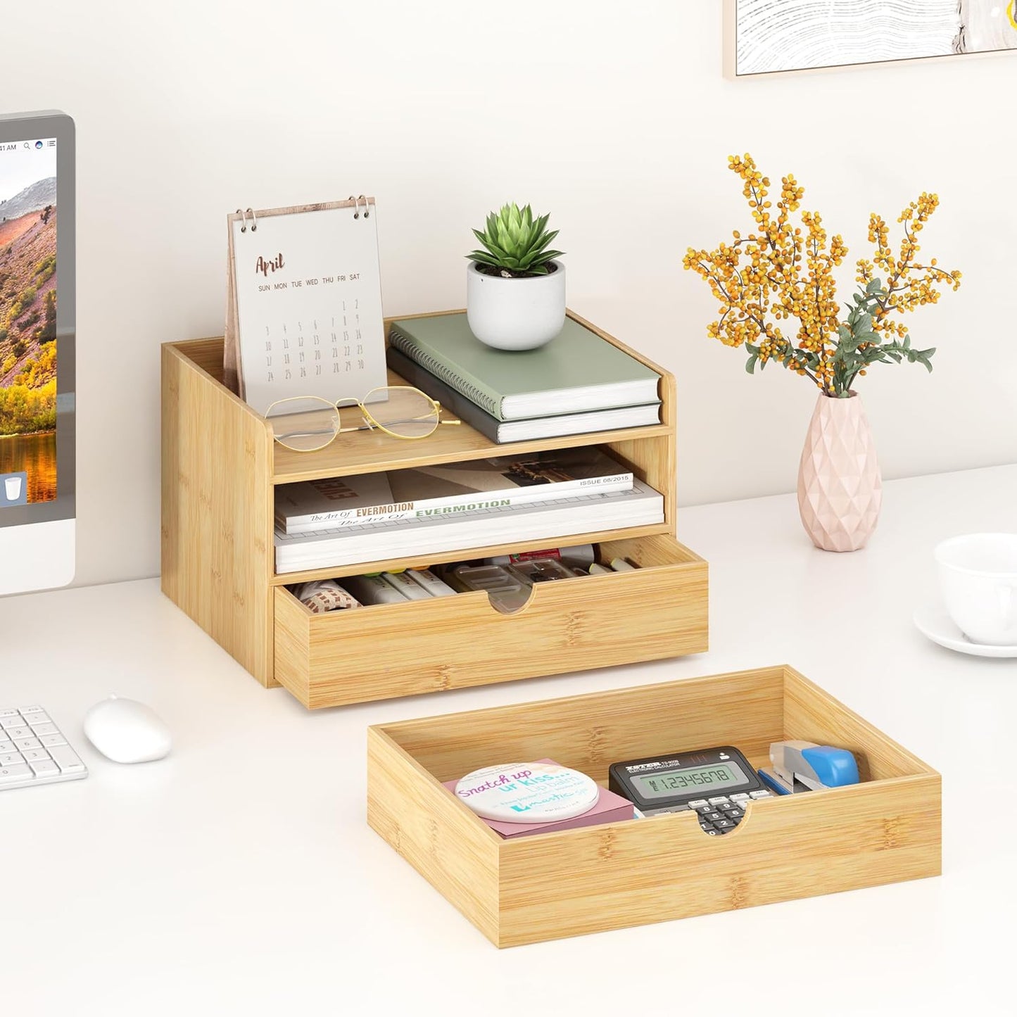 Desk Organizer With Drawers - Bamboo Wood Desktop Mail Organizer Storage Box for Office Home Bathroom Vanity Dresser Top, No Assembly Required (2 Drawer)
