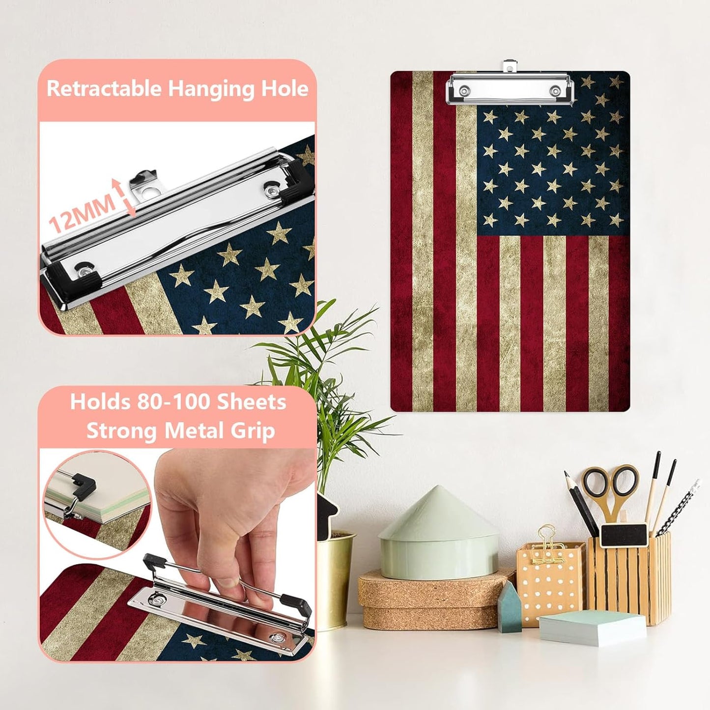 Vintage Camouflage Flag Plastic Clipboards,Cute Fashion Clipboard Decorative 8.5" x 12.5"Standard A4 Size Clipboards,Acrylic Clipboard for Teacher,Social Worker,Students,Nurse,Office Supplies