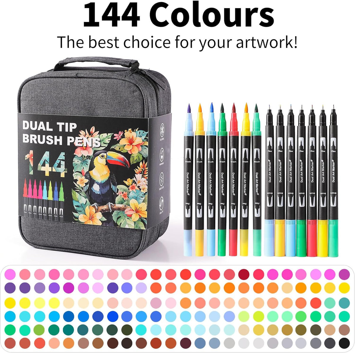 Dual Tip Markers, Double Brush Art Markers Set with Fine Tip and Brush Tip for Adult Coloring Book, Hand Lettering, Calligraphy & Drawing, Art Supplies Kit for Kids and Adults (144 Colors)
