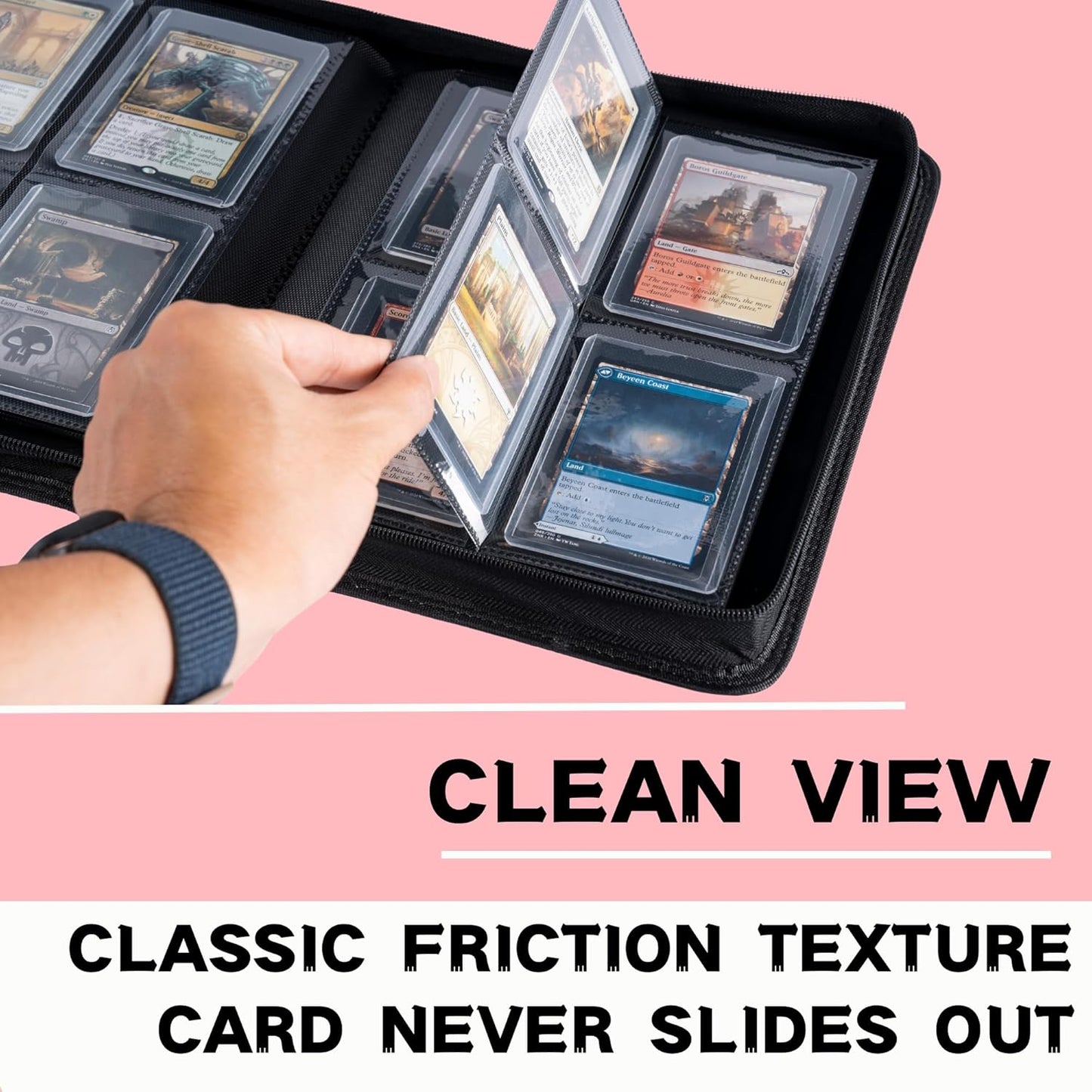 Toploader Binder, Holds 128+ Toploaders, 4 Pocket Top Loader Card Storage Case, Double-Sided Pockets for trading card in 3 x 4'' Toploaders（Pink）