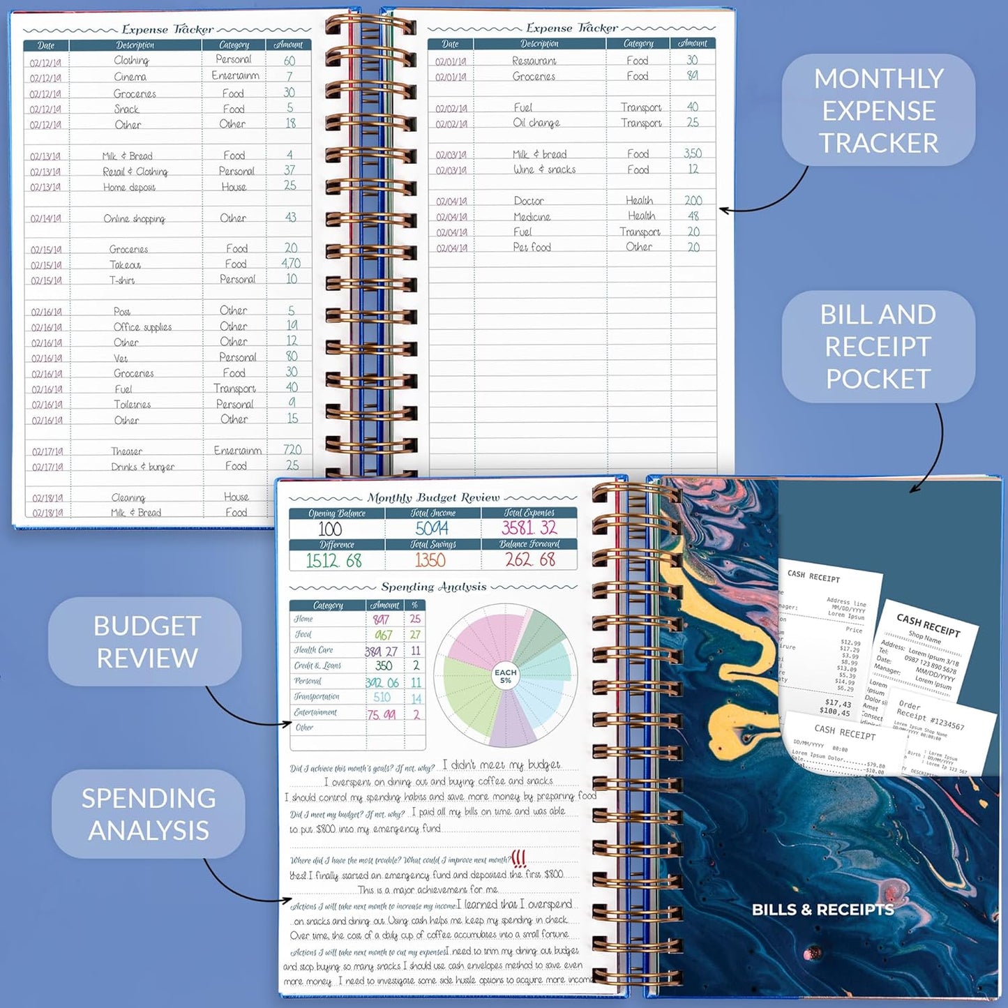 GoGirl Budget Planner & Monthly Bill Organizer – Monthly Financial Book with Pockets. Expense Tracker Notebook Journal, Compact (Blue)