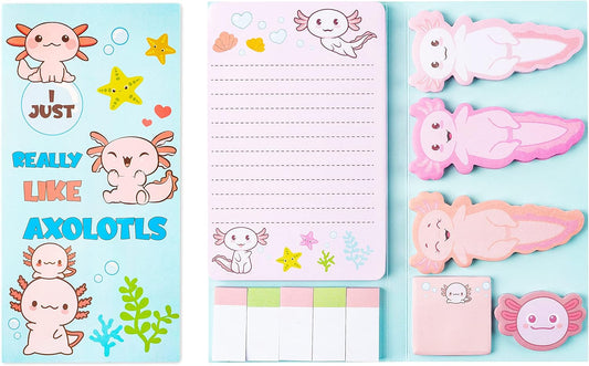 Xqumoi I Just Really Like Axolotl Sticky Notes Set, 550 Sheets, Animal Mexican Walking Fish Shaped Self-Stick Notes Pads Divider Tabs Bundle Writing Memo Pad Page Marker Back to School Office Supplies