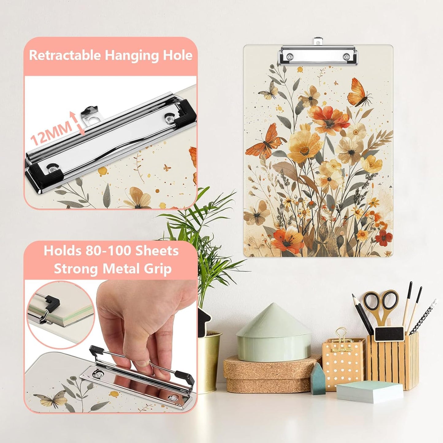 Flowers Butterfly Plastic Clipboards,Cute Fashion Watercolor Clipboard Decorative 8.5" x 12.5"Standard A4 Size Clipboards,Acrylic Clipboard for Teacher,Social Worker,Students,Nurse,Office Supplies