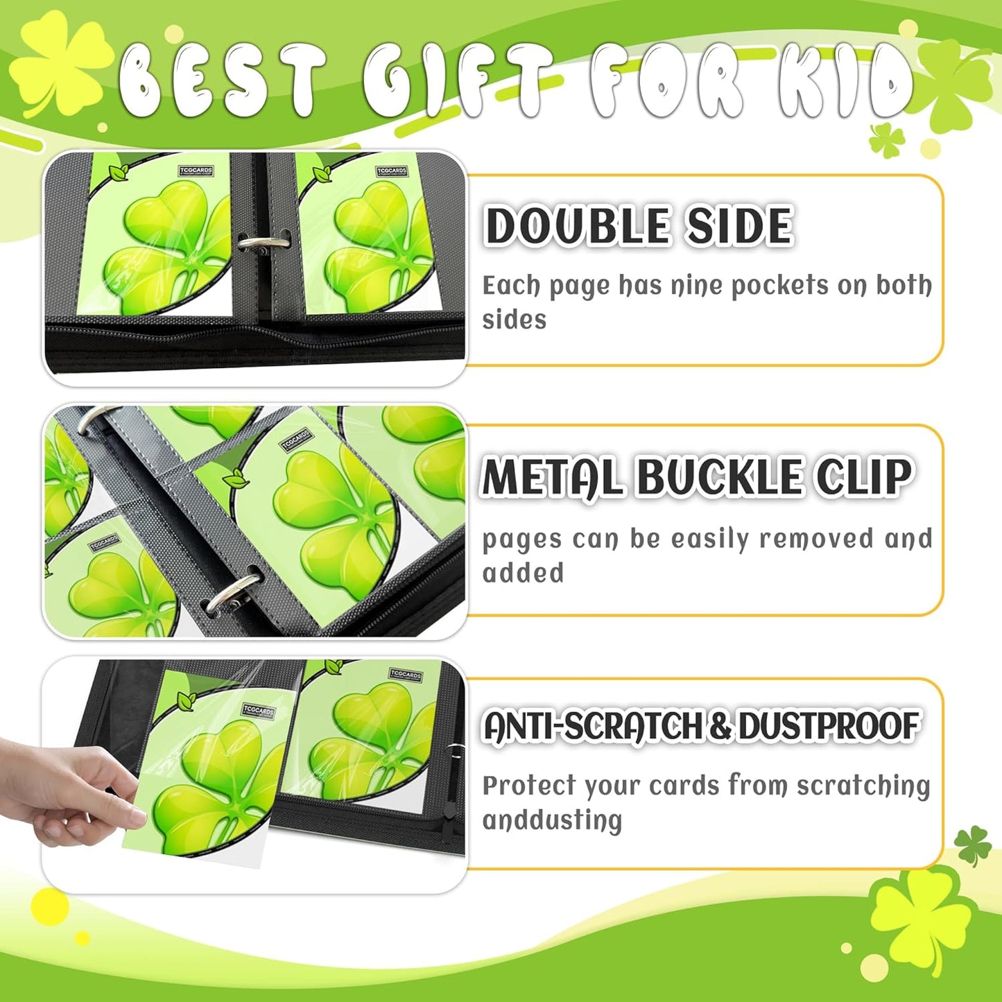 Trading Card Binder 4 Pocket，Card Binder 400 Pockets Card Book Holder Cards with 50 Removable Sleeves，3-Ring Zip Design MTG/TCG/Sport Collectible Trading Card Albums Gifts for Boys and Girls (Leaf)