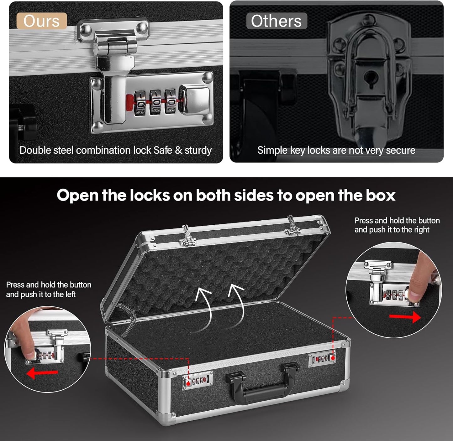 Combination Lock Box - Locking Storage Case with Customizable Foam, 16.9" Portable Lockable Case for Personal Items, Valuables, Documents, Briefcase for Jewelry, Cash, Medications, Black