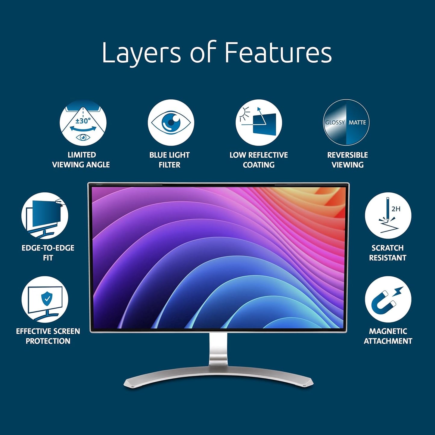 Kensington MagPro 24 Inch Magnetic Computer Privacy Screen for Desktop, Removable 16:10 Computer Privacy Filter, Anti-Glare Blue Ray Reduction, Compatible with Slim Bezel Monitors, K55423WW