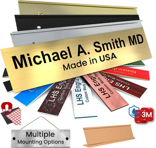Engraved Name Plates for Desk and Door Signs Personalized Brushed Brass Plastic Nameplate with Black Letters - Made in USA 2x8 M6
