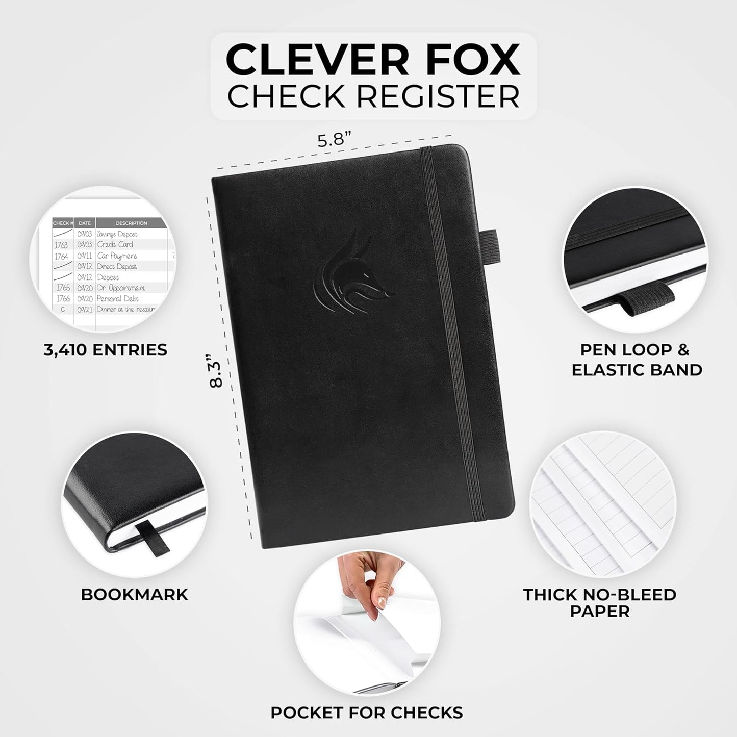 Clever Fox Check Register Book - Deluxe Transaction Register, Accounting Ledger Book, Checkbook Register & Checking Account Register Book for Personal and Work Use, A5 Hardcover - Black