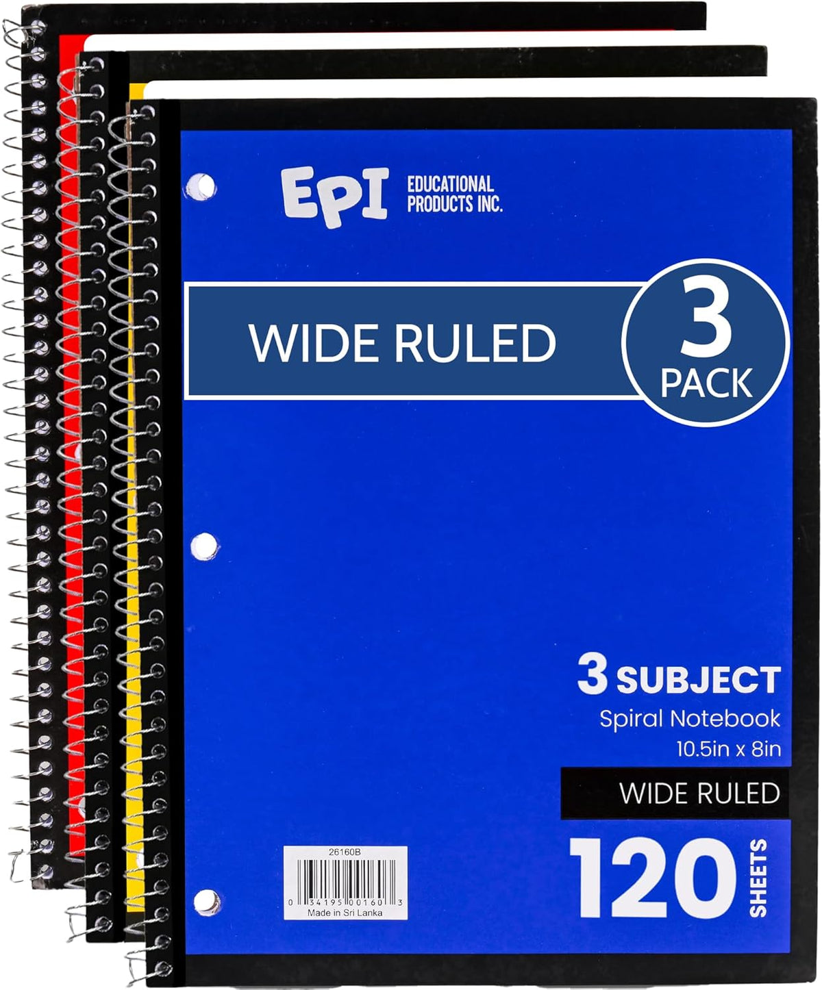 EPI Spiral Notebook | 3 Subject - Wide Ruled - 120 Sheets, Durable Spiral Binding | 10.5 x 8 in | Classroom Supplies | School, Office, Note Taking, Journaling - 3 Pack