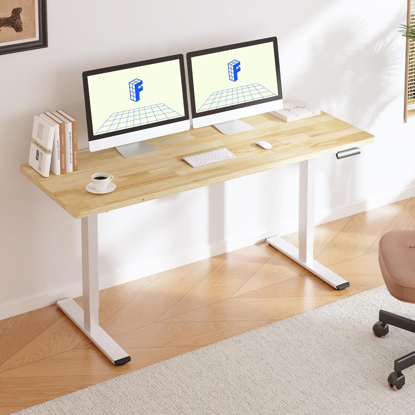 FLEXISPOT E3 Solid Wood Dual Motor Standing Desk 48x24 Inch Whole-Piece Board Electric Height Adjustable Stand Up Desk (White Frame + Rubber Wood Desktop)