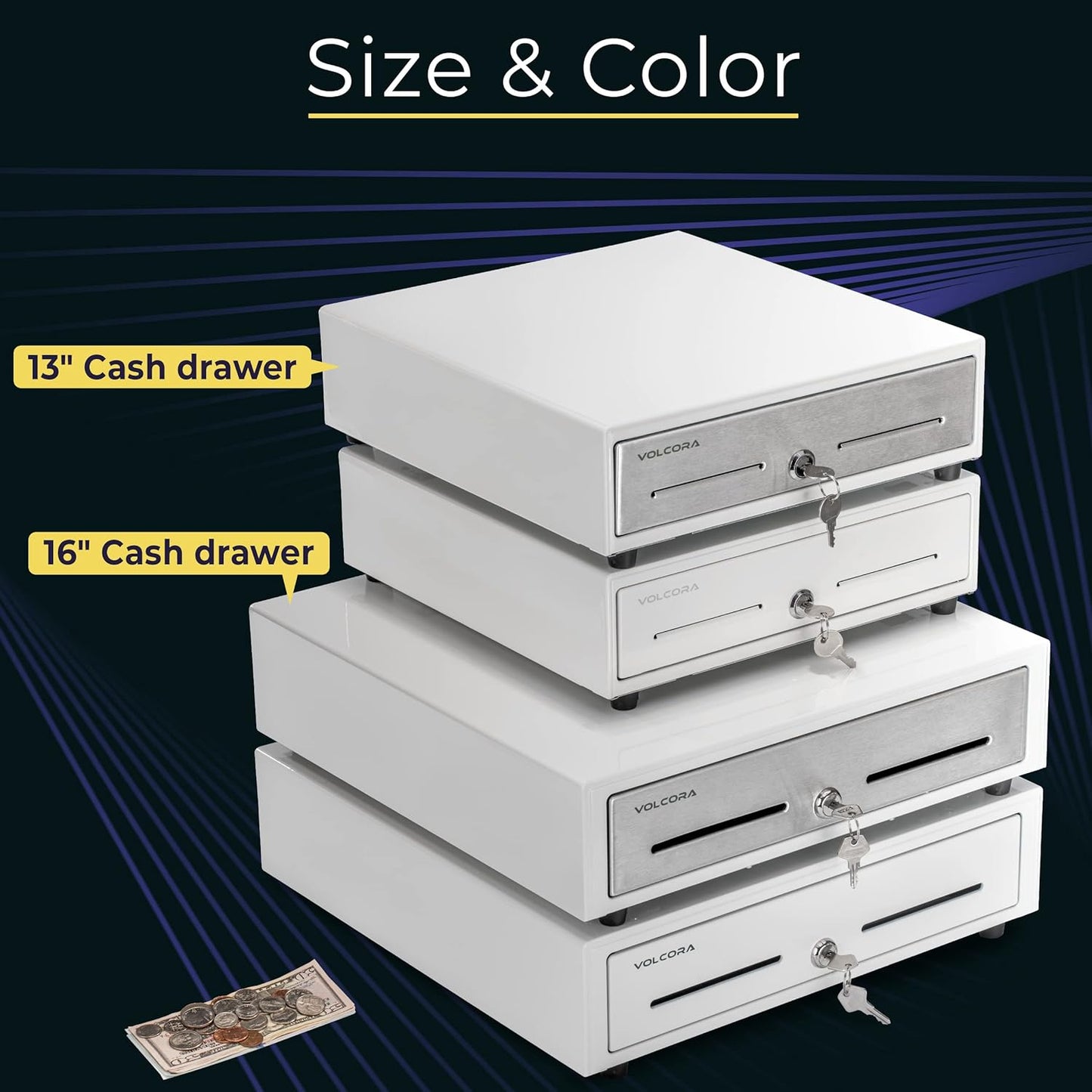 Volcora 13" Manual Push Open Cash Register Drawer for Point of Sale (POS) System, White Heavy Duty Till with 4 Bills and 5 Coin Slots, Key Lock with Fully Removable Money Tray and Double Media Slots