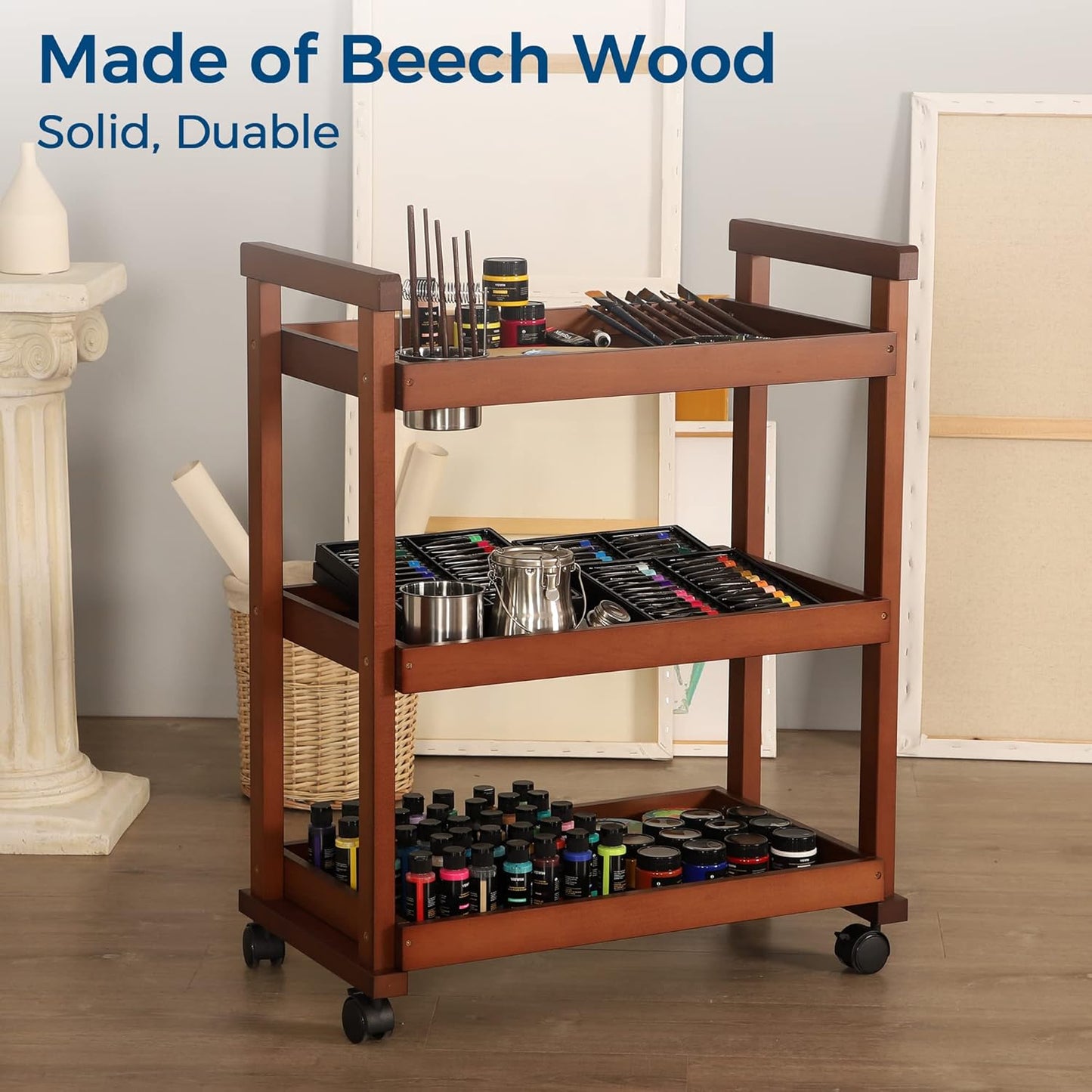 VISWIN Art Cart Organizer, Solid Beechwood Art Supply Storage Organizer with Caster Wheels, 3-Tier Multifunctional Rolling Utility Storage Cart for Studio, Classroom, Artists - Walnut