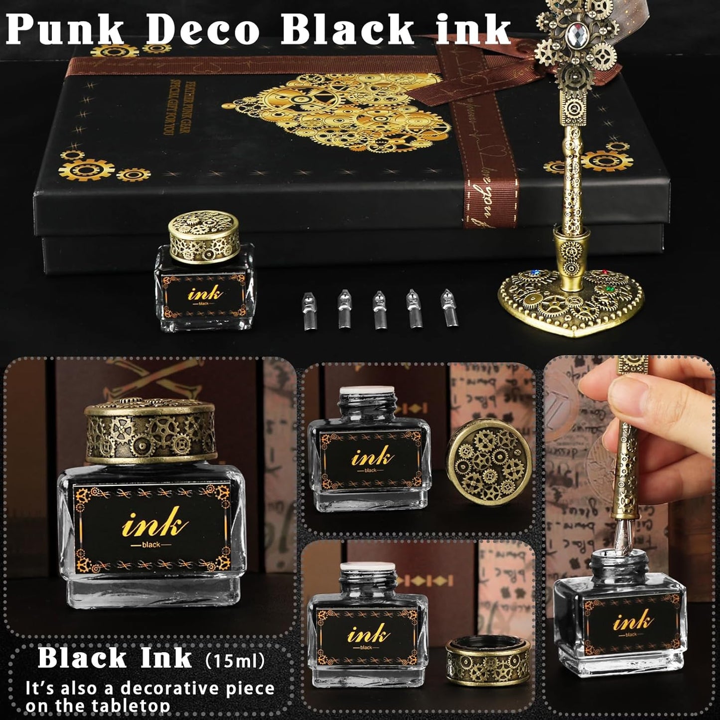 Feather Quill Calligraphy Pen Set With Ink and Wax Seal Stamp - Beautiful Gift Set for Christmas - Grey